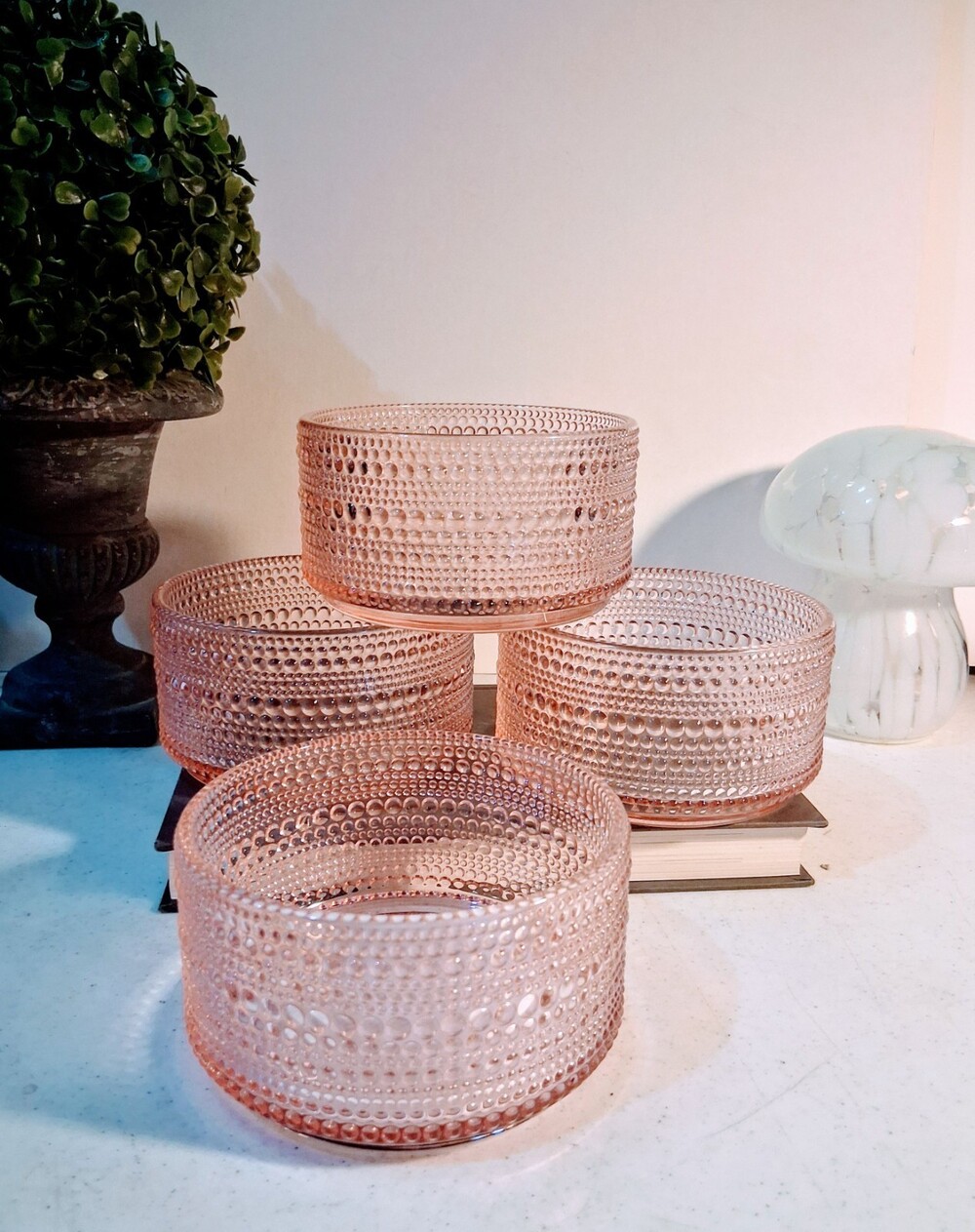 "Fortessa" Brand Pink Glass Bowls Set of 4; Hobnail/Beaded Design; Cereal Bowls